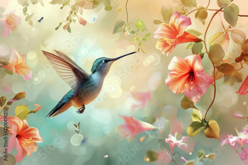 Hummingbird and flowers  nature background