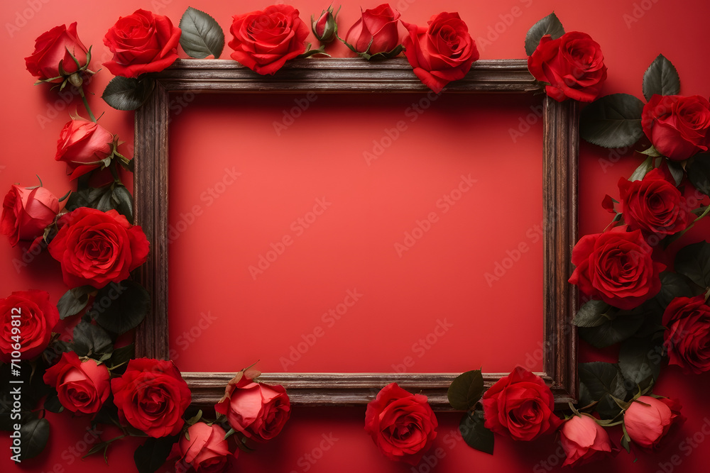 A romantic minimal concept photo created with red roses and wooden frame on red background A romantic minimal concept photo created with red roses and wooden frame on red background