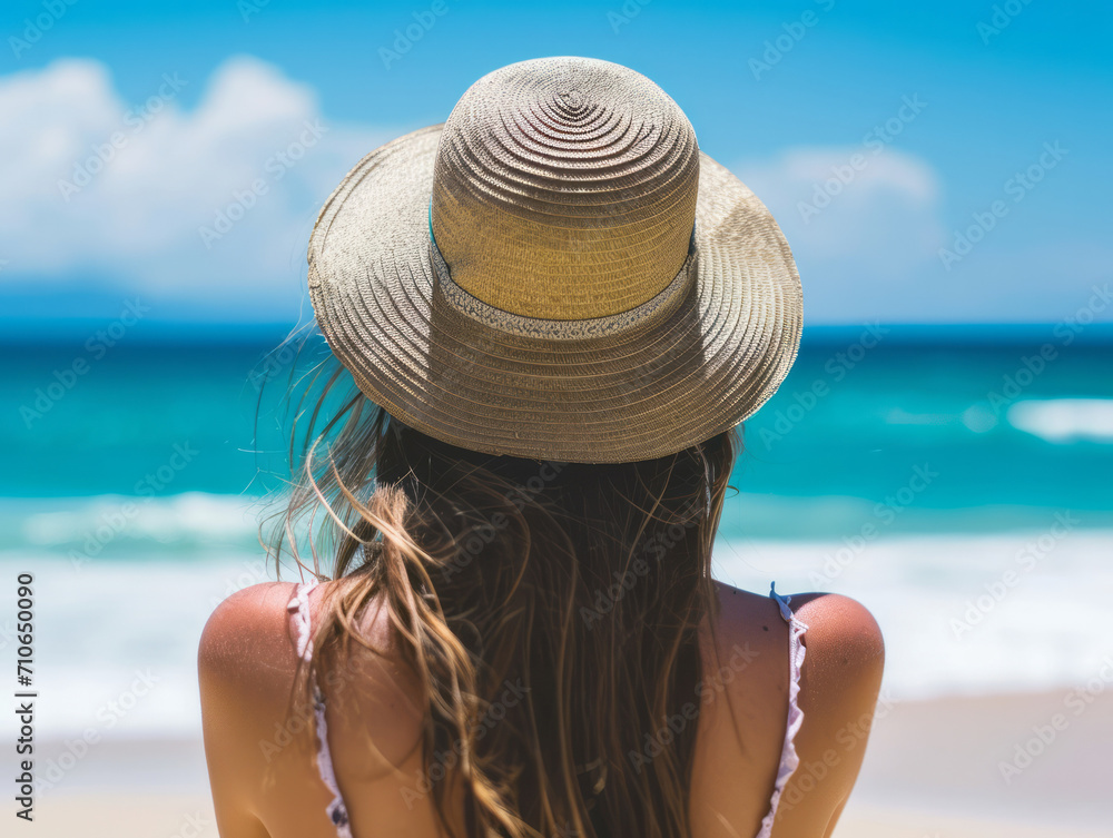 Back view of young woman in straw hat on tropical beach, back view