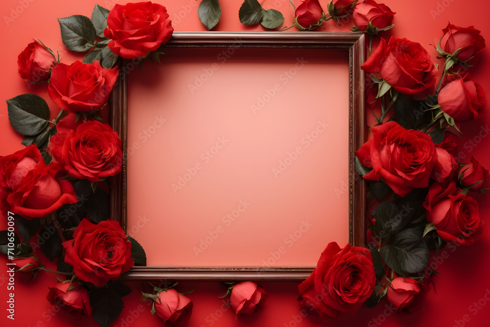 A romantic minimal concept photo created with red roses and wooden frame on red background A romantic minimal concept photo created with red roses and wooden frame on red background