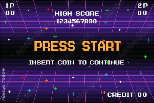 PRESS START INSERT A COIN TO CONTINUE. pixel art .8 bit game. retro game. for game assets in vector illustrations.