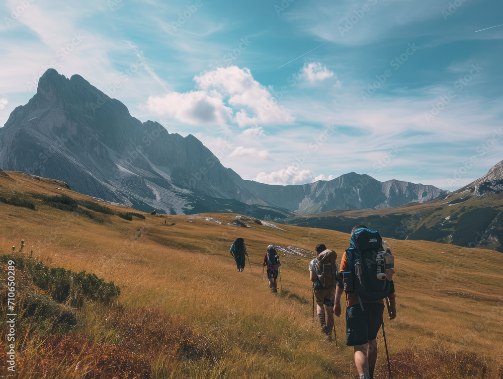 Group of hikers with backpacks on the background of the mountains.