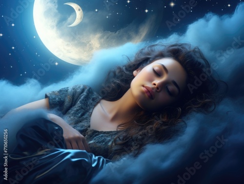 girl sleeping in cloud with moon 