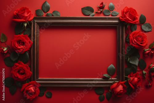 A romantic minimal concept photo created with red roses and wooden frame on red background