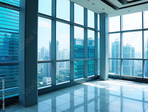 interior of modern office with panoramic windows and city view