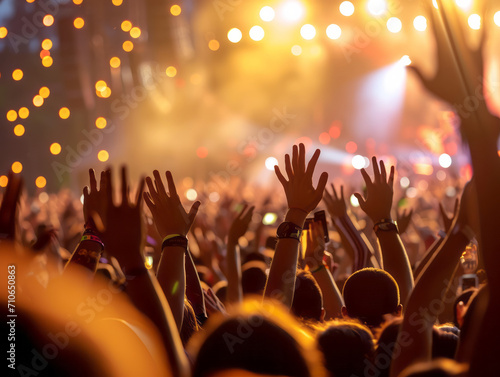 Crowd at a concert, hands raised in front of a stage