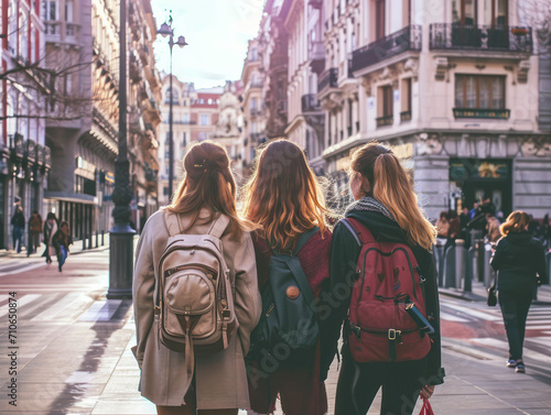 Three young women with backpacks are walking along the street of the city.