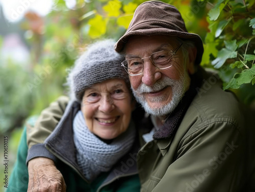 Portrait of happy senior couple in the garden. Selective focus.