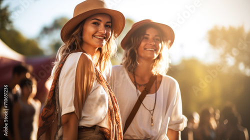 Woman in country clothes. Blurred background with music festival photo