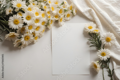 A romantic concept with white daisies and white greeting card photo