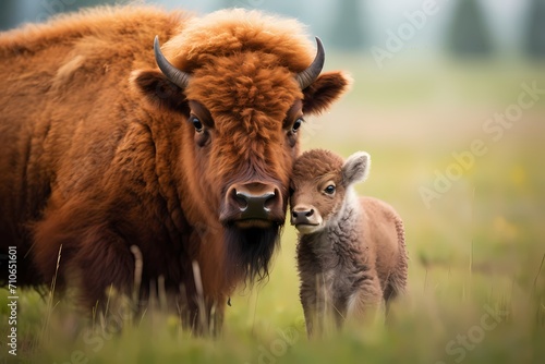 A baby bison nuzzling its parent in a vast grassy plain.