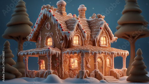 Beautiful gingerbread house. Close-up. Place for text.