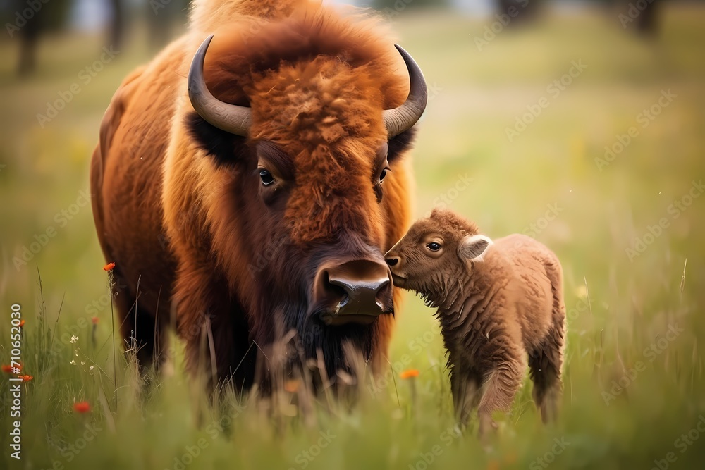 A baby bison nuzzling its parent in a vast grassy plain.