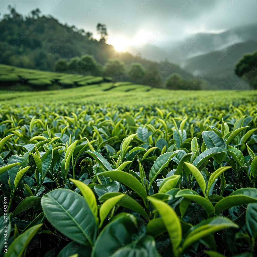 A serene morning landscape with a vast green field of corn, set against a backdrop of a clear blue sky in the countryside A serene morning landscape with a vast green field of corn, set against a backdrop of a clear blue sky in the countryside