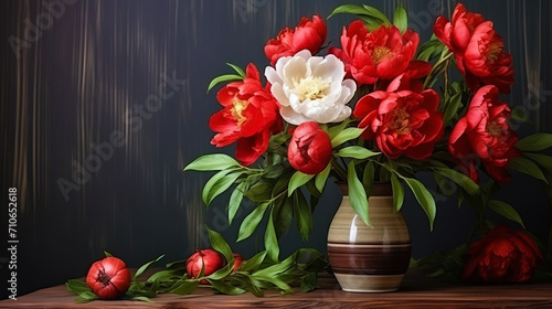 A large bouquet of red peonies with green leaves in a vase. Empty background, vintage charming style. Generative AI