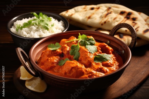 Traditional Indian dish Chicken tikka masala with spicy curry meat in bowl