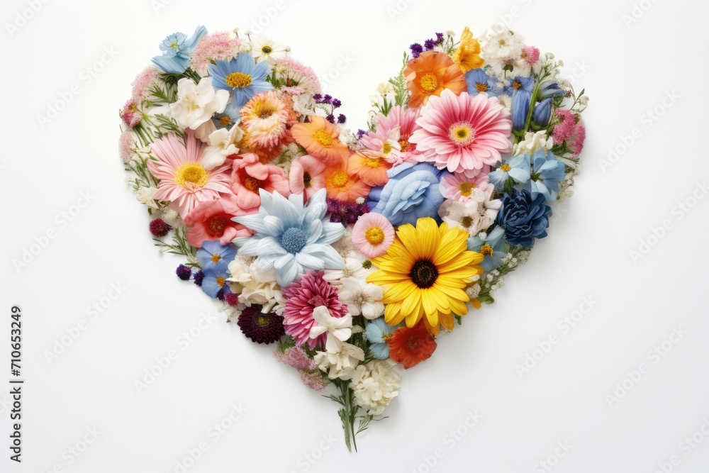 Heart composed of delicate colorful wildflowers on white background