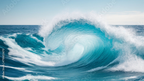 Blue sea wave with white foam isolated on white background. High quality photo 
