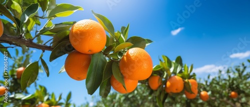 Ripe tangerines on the tree in the rays of the bright blue sky, A branch with natural oranges on a blurred background of an orange orchard