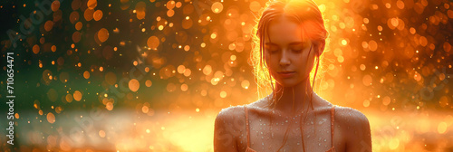 A beautiful young woman closes her eyes and bows her head while wearing a tank top with water droplets on the surface. Against an orange blurred background there are glitter spots. Bokeh