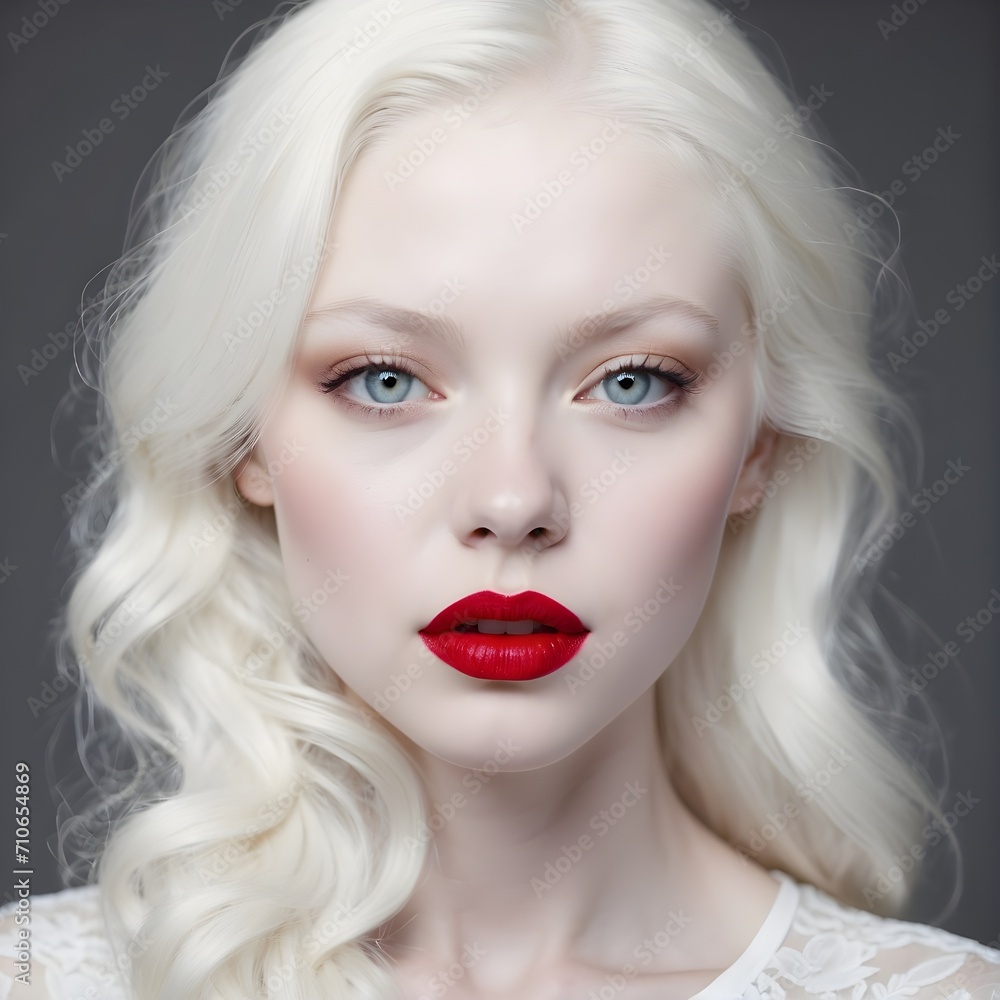 Albino Elegance: Ultra-Realistic Portrait of a Woman with Ethereal White Features, Lace Attire, and Striking Red Lips in Studio Photography – Generative AI Albino Elegance: Ultra-Realistic Portrait of a Woman with Ethereal White Features, Lace Attire, and Striking Red Lips in Studio Photography – Generative AI
