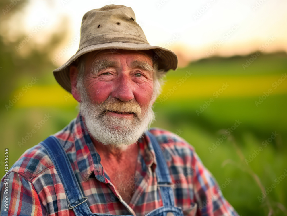 Portrait of a senior farmer standing in the field at sunset.