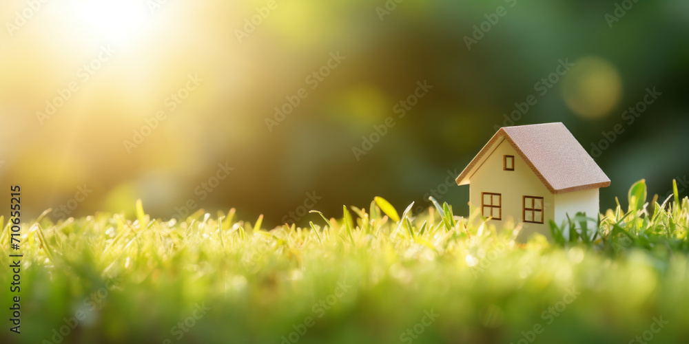 Cardboard house on nature background, recycling sign Cardboard house on nature background, recycling sign