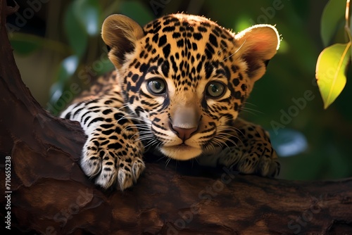 A baby jaguar resting under the shade of a tree in a tropical forest.