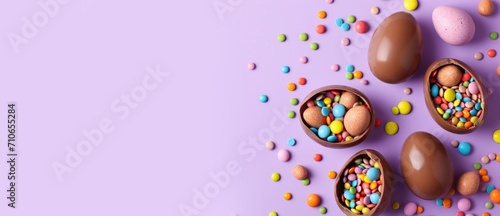 Easter chocolate eggs with colorful candy on a lavender background, festive seasonal display. Space for text