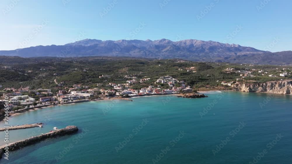 Crete, Greece. Aerial drone shot. Falassarna Beach in Chania, Elafonisi lagoon, Falassarna, Hills and town of Palaiokastro, Old christian church ruins in Crete, Katholiko Monastery greek landmark Crete, Greece. Aerial drone shot. Falassarna Beach in Chania, Elafonisi lagoon, Falassarna, Hills and town of Palaiokastro, Old christian church ruins in Crete, Katholiko Monastery greek landmark