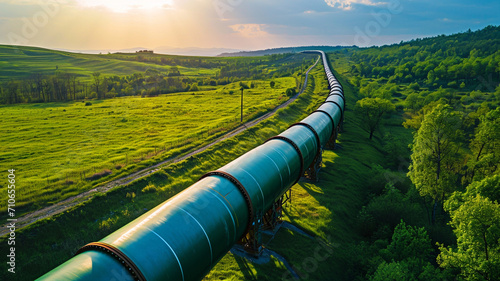 natural gas pipeline winding through a landscape,Energy industry, in a rural setting.