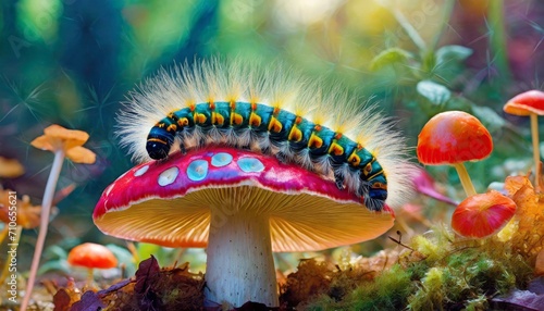 fly mushroom in autumn.a visually mesmerizing artwork featuring a hyper-realistic and fuzzy cute caterpillar perched on a psychedelic mushroom. Pay close attention to details, ensuring the vibrant col photo