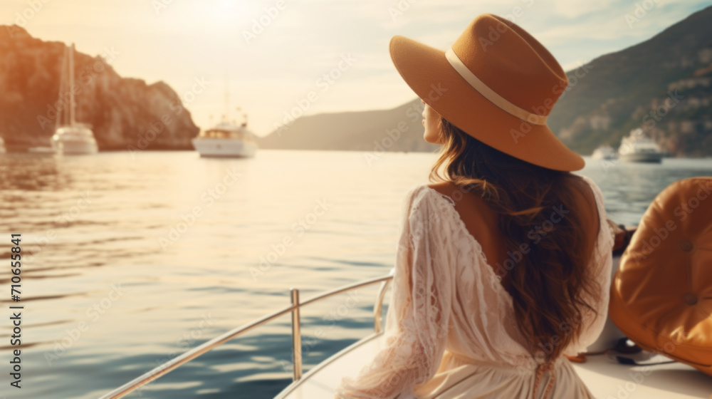 Beautiful young woman in hat and white dress relaxing on luxury yacht. Traveling and yachting concept. - obrazy, fototapety, plakaty 