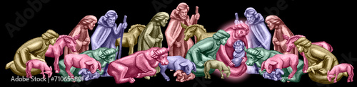 Christmas Werther. Scene on a dark background in pastel colors. Birth of Jesus Christ. Stylized figures. Watercolor drawing.
 photo