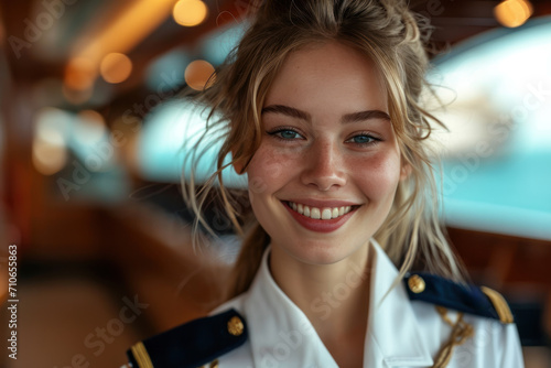 Caucasian woman wearing cruise ship staff uniform, boat service crew