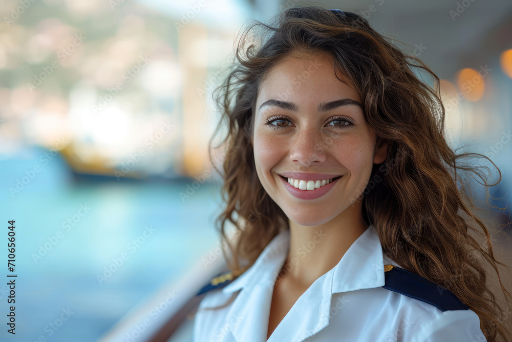 Hispanic woman wearing cruise ship staff uniform, boat service crew Hispanic woman wearing cruise ship staff uniform, boat service crew