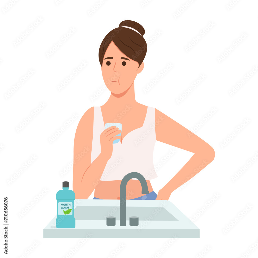 Woman rinsing and gargling her mouth.Girl using mouthwash for fresh breath. Dental health concepts. Vector illustration Woman rinsing and gargling her mouth.Girl using mouthwash for fresh breath. Dental health concepts. Vector illustration