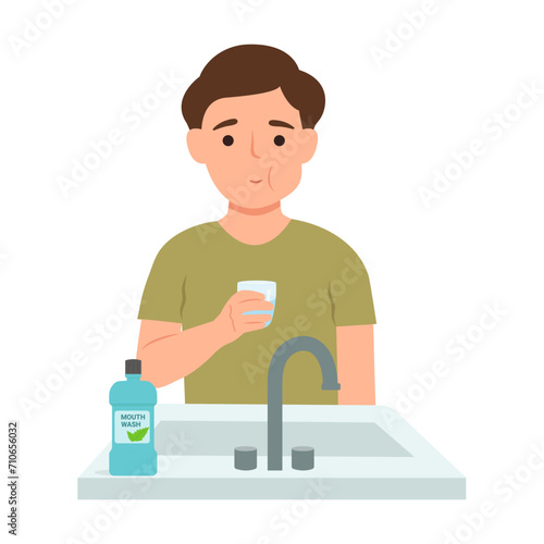Cute kid rinsing and gargling her mouth.Boy using mouthwash for fresh breath. Dental health concepts. Vector illustration