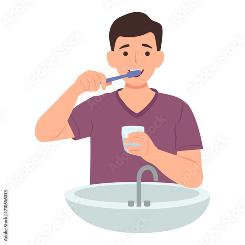 Cute  boy brushing teeth with toothpaste and holding a glass of water.  concept of oral hygiene and dental procedures.Vector illustration