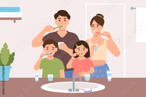 Family are brushing teeth together.Happy parents with children with toothbrushes in bathroom.Daily routine dental hygiene. Vector illustration.
