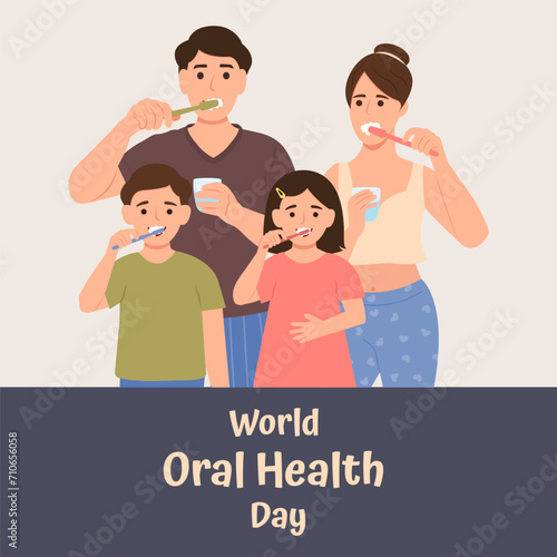 Parents and children brushing teeth together.  Daily routine dental hygiene.Vector Illustration