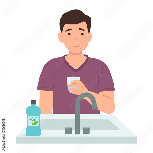 Man rinsing  his  mouth.Boy using mouthwash for fresh breath. Dental health concepts. Vector illustration