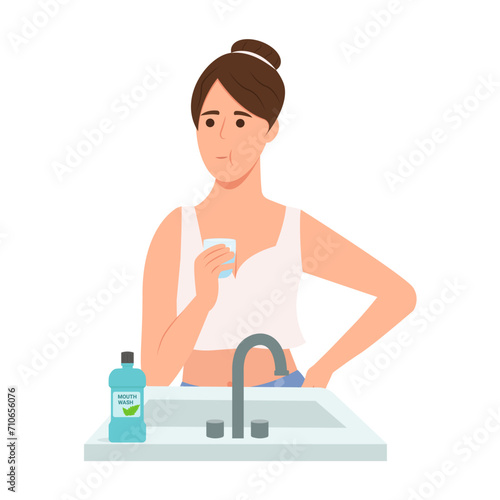 Woman rinsing and gargling her mouth.Girl using mouthwash for fresh breath. Dental health concepts. Vector illustration