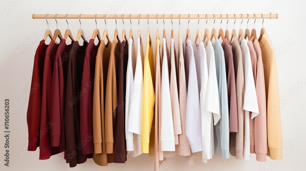 A row of tops and long-sleeved shirts hanging on a wooden rod against a plain background. The clothes are from dark to light colors, from black, dark red, yellow, white to gray and beige. A row of tops and long-sleeved shirts hanging on a wooden rod against a plain background. The clothes are from dark to light colors, from black, dark red, yellow, white to gray and beige.