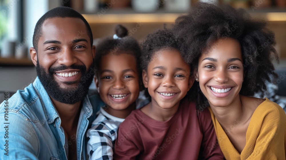 A heartwarming family portrait captures the genuine smiles and affectionate bond between a father, mother, and their two children at home. A heartwarming family portrait captures the genuine smiles and affectionate bond between a father, mother, and their two children at home.