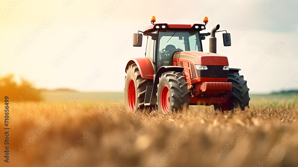 Fototapeta premium Tractor against the background of a sowing field. Agricultural machinery.