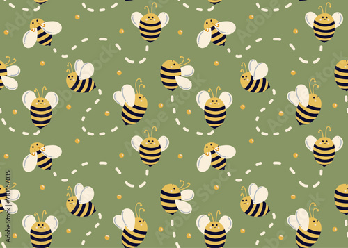 Bees move in different directions on green background with honey droplets and lines of movement. Seamless bee pattern for kids. Summer pattern for fabrics, bed linen, decor