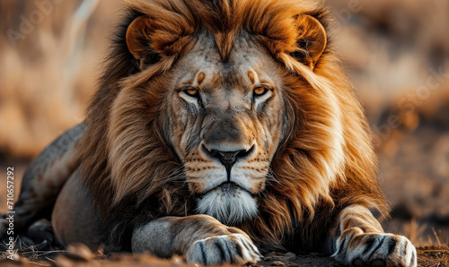 Intense gaze of a majestic lion resting on the savannah, his mane framing a face full of power and nobility against the warm earth tones of his natural habitat