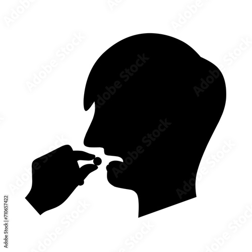 Silhouette of taking medicine pills. Head with open mouth and hands holding circular pills. Isolated on white background. Vector illustration