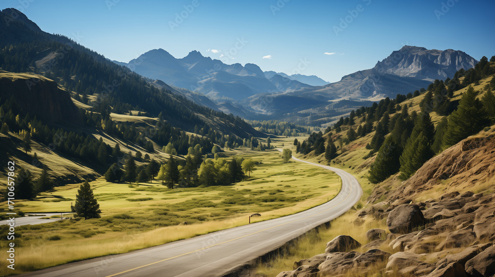mountain road in the mountains, Asphalt Road Between Rocky Mountains with Green Trees